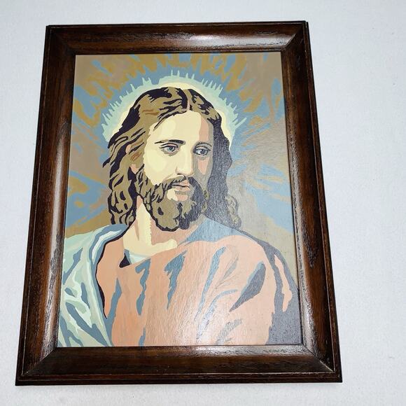 Vtg Jesus Paint By Number Art Completed Real Wood Frame PBN Painting 1958 Good